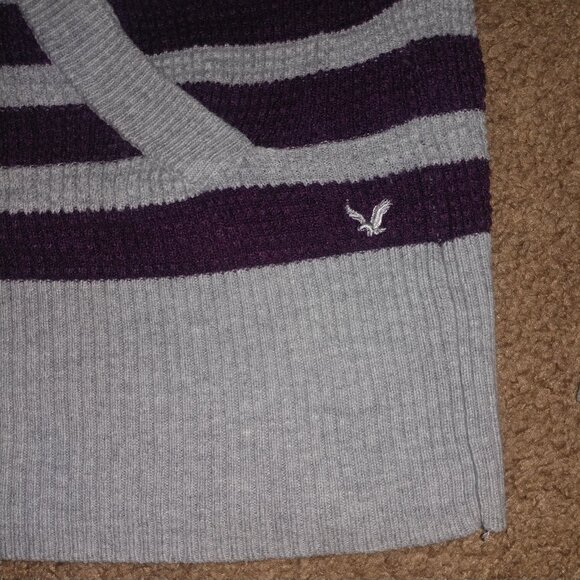 American Eagle: Purple & Grey Striped Waffle Knit Long Cardigan Sweater: Size L - Picture 7 of 9